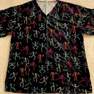 Colorful Skeleton Print Scrub Top